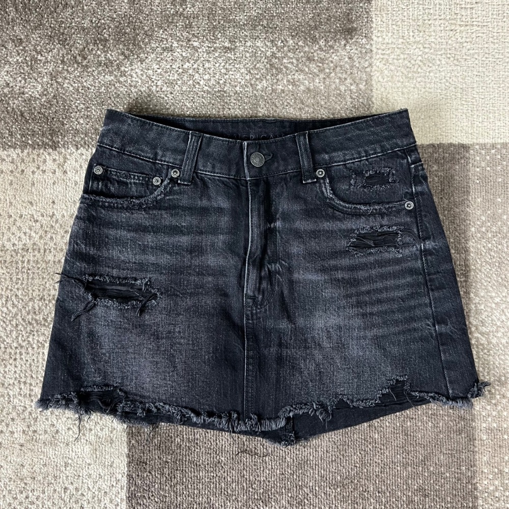 American Eagle Womens Black Denim Distressed High Rise Mini Skirt Size 2